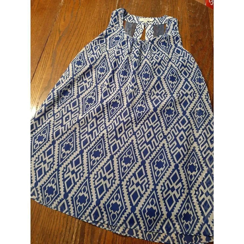 Small Umgee USA Blue White Sleeveless Open Lace Back Lined Mini Dress Sundress